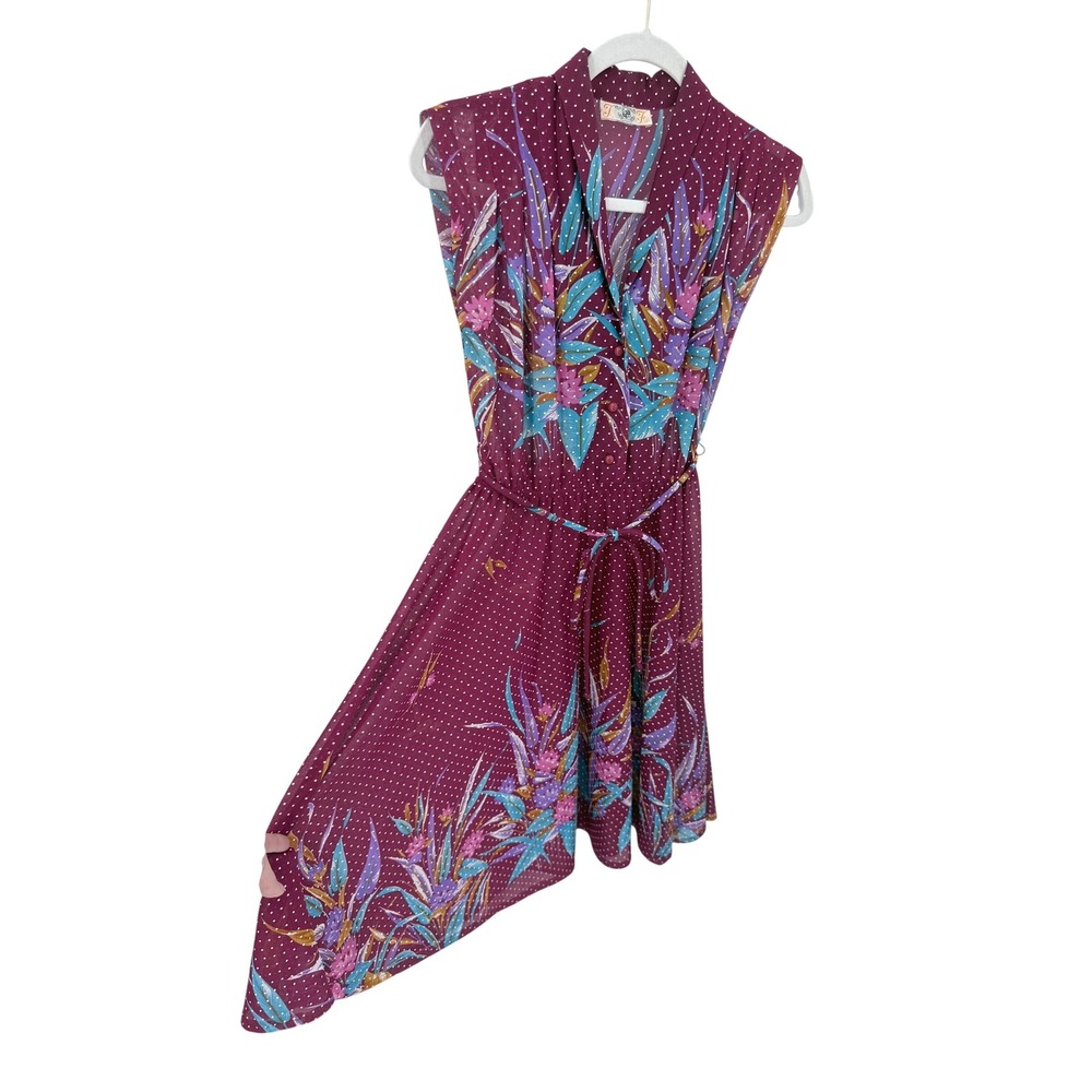 Vintage T&F Burgundy Asian Tropical Polka Dot Sleeveless Midi Belted Dress